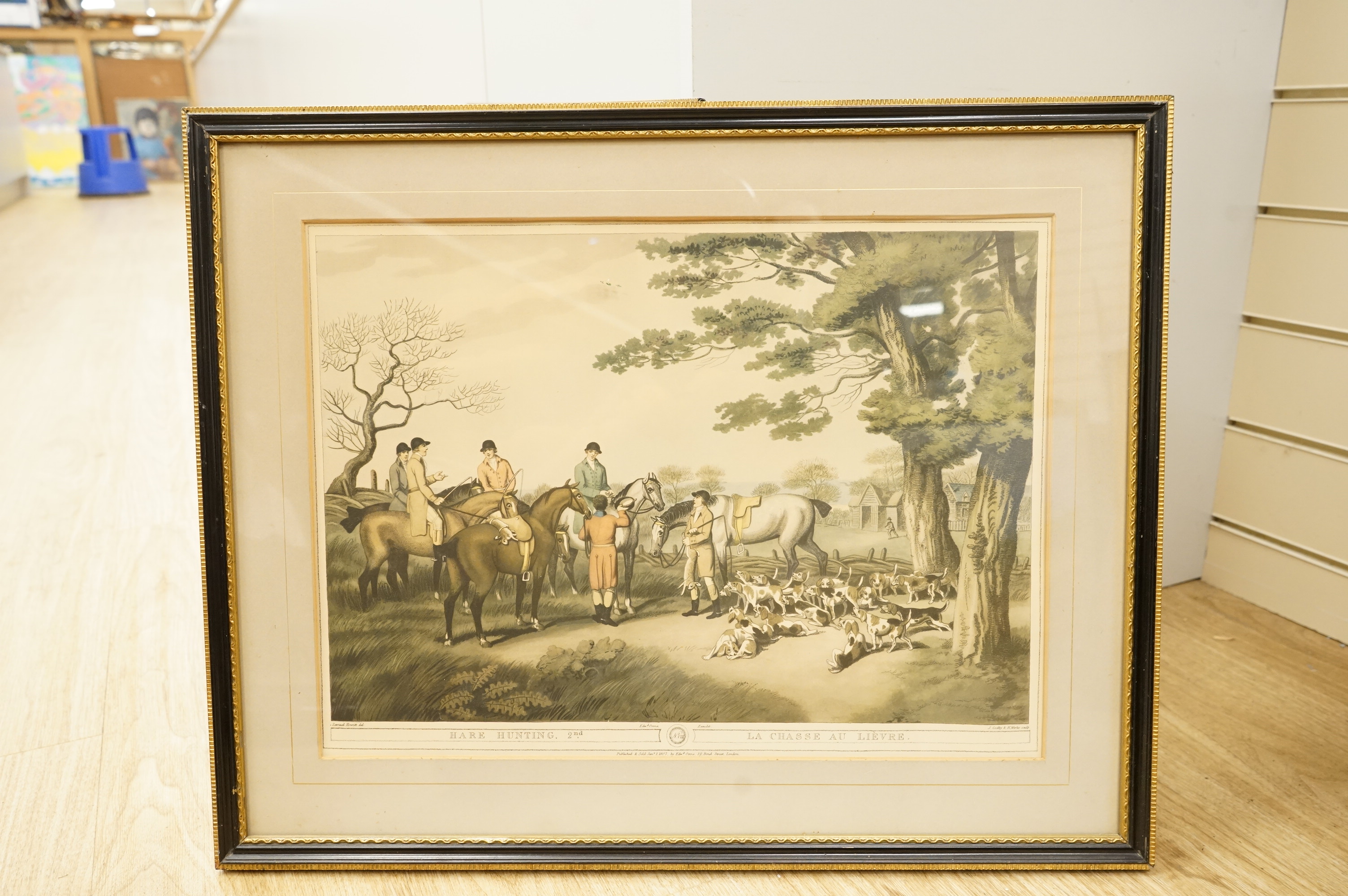 After Samuel Howitt (1756-1822), Fox hunting scenes, set of four colour prints, together with a set of five smaller examples after the same artist, largest 32 x 44cm